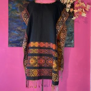 Beautiful Bohemian Fringed Tunic Poncho Loungewear Layering Dress w/ Open Sides